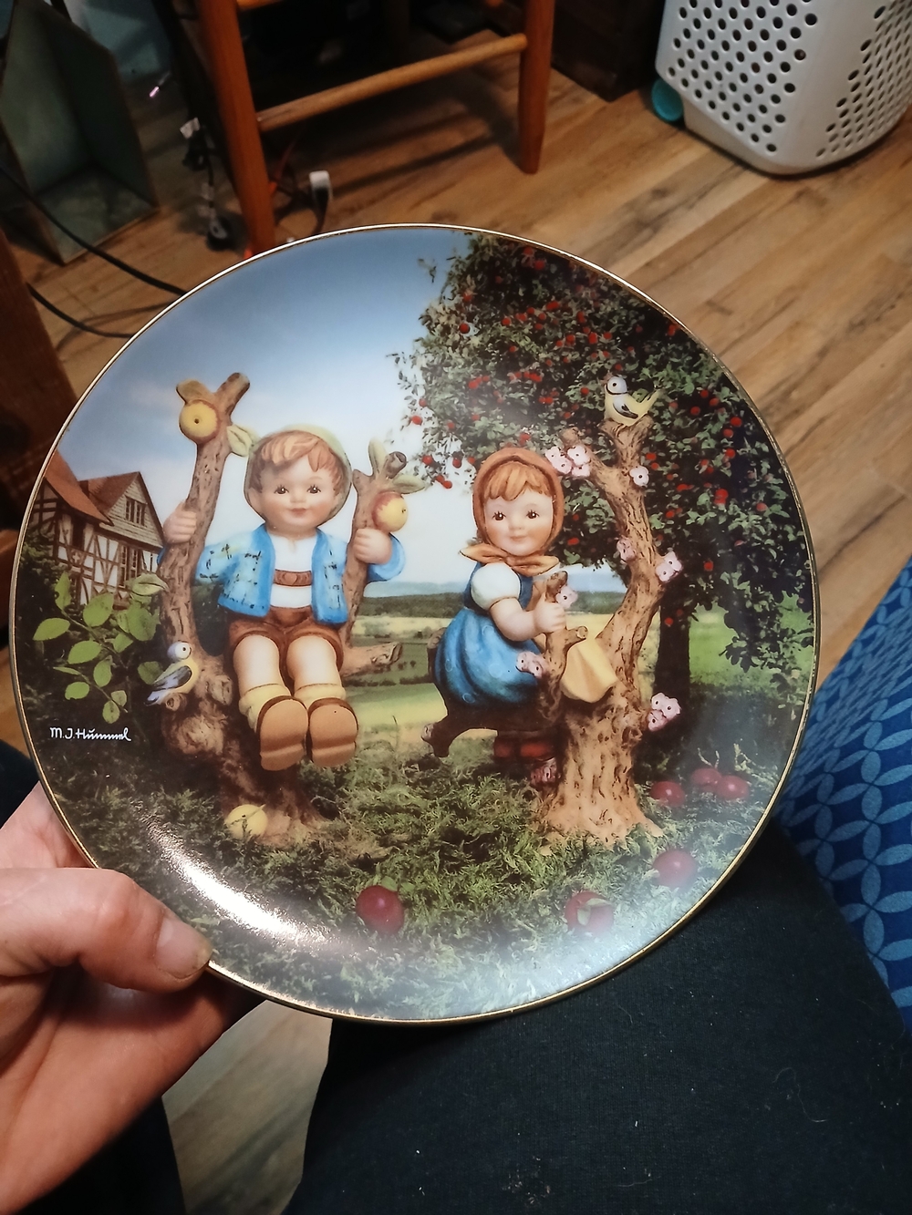 Hummel Plate with Blue Accents and Gold Rim